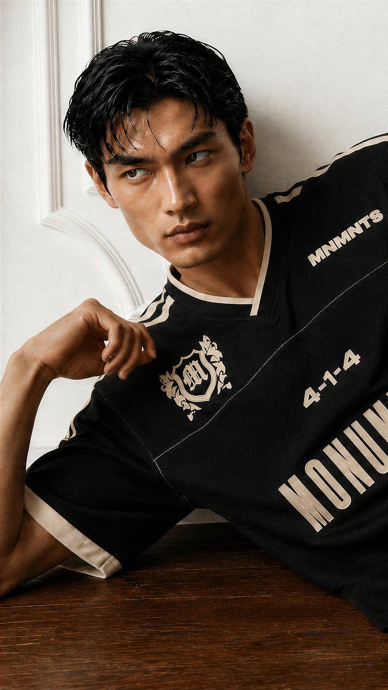Man wearing a black t-shirt with 'MONUMENTS' branding, sitting on a wooden floor.