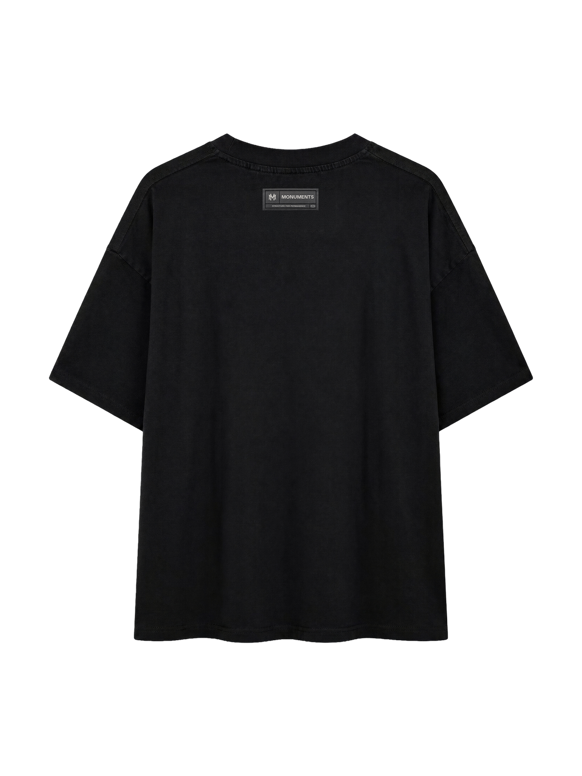 Back of the MONUMENTS 1904 World Cup oversized tee in heavyweight black cotton jersey.