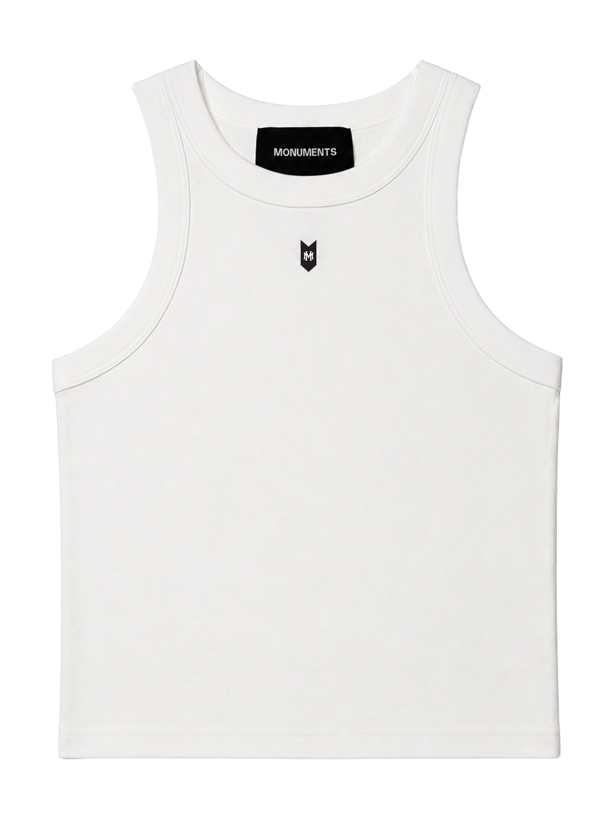 MONUMENTS MM cropped tank top in white cotton-spandex with a black MONUMENTS neck tab and MM chest mark, front view.