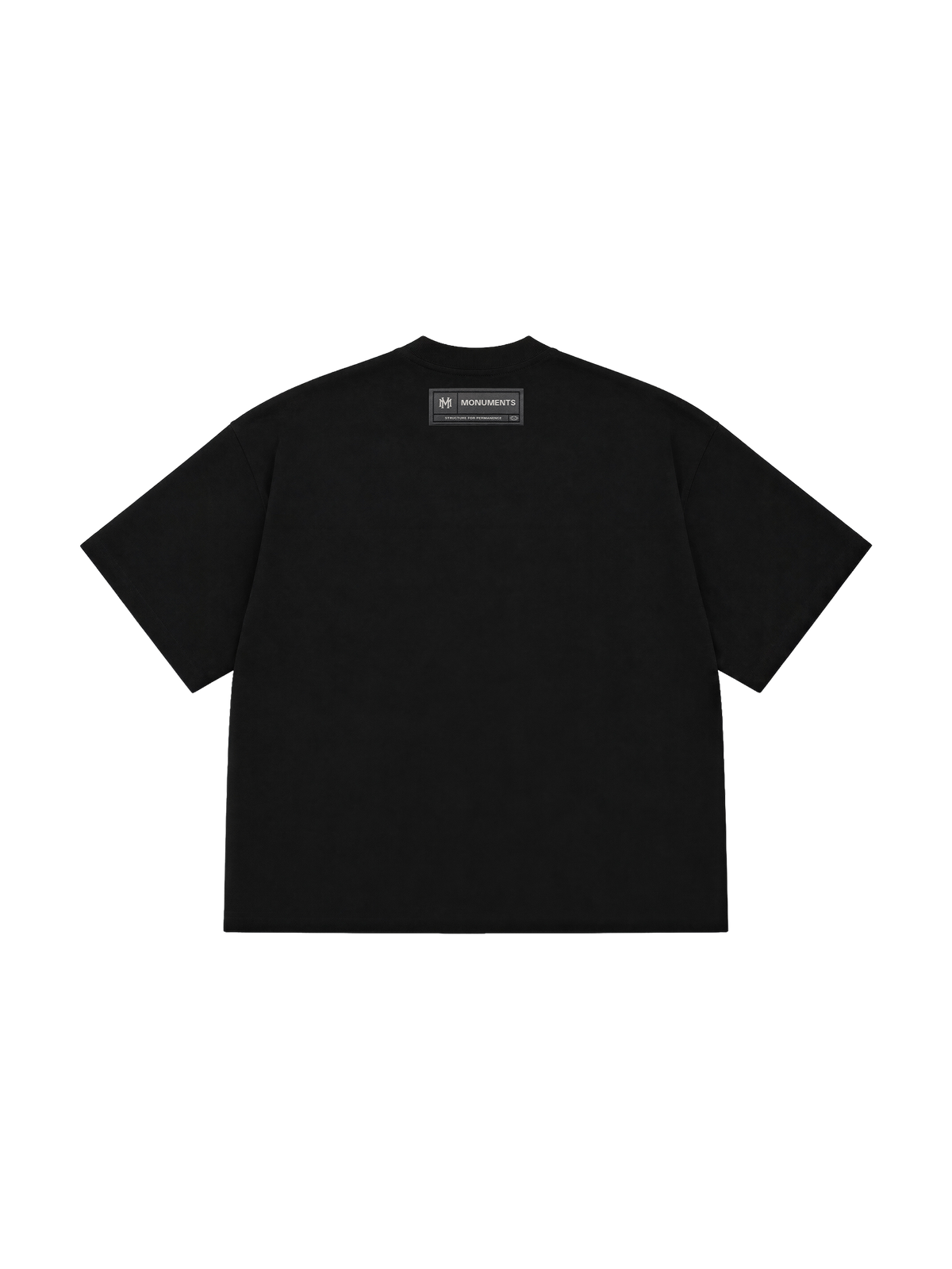 MONUMENTS MM core logo cropped boxy tee in black cotton with a double-stitched collar.