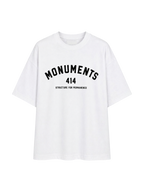 MONUMENTS 414 Structure oversized tee in white cotton jersey with bonded MONUMENTS 414 chest artwork, front view.