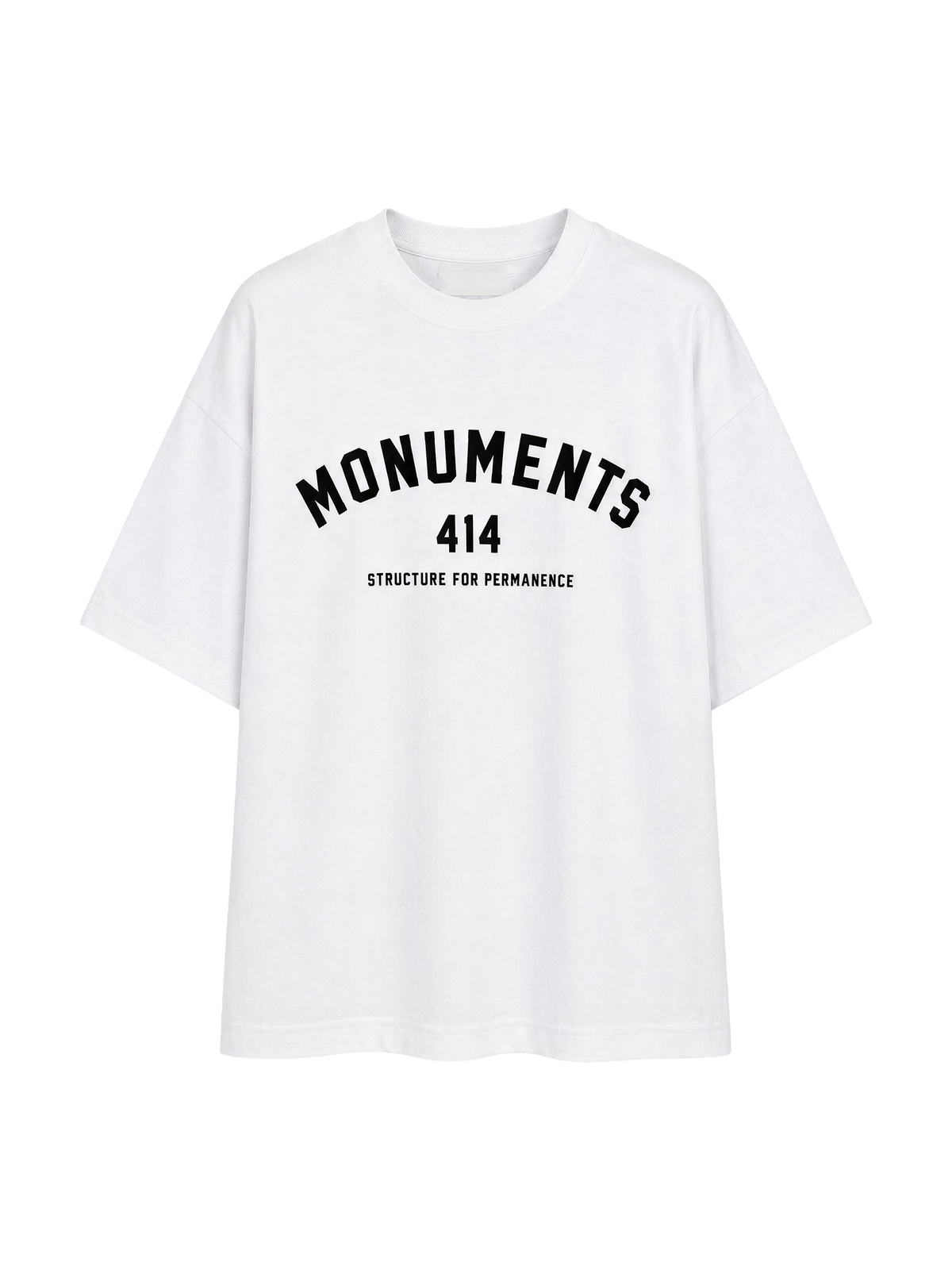 MONUMENTS 414 Structure oversized tee in white cotton jersey with bonded MONUMENTS 414 chest artwork, front view.
