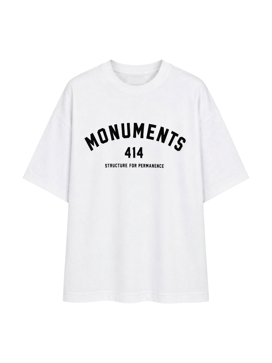 MONUMENTS 414 Structure oversized tee in white cotton jersey with bonded MONUMENTS 414 chest artwork, front view.
