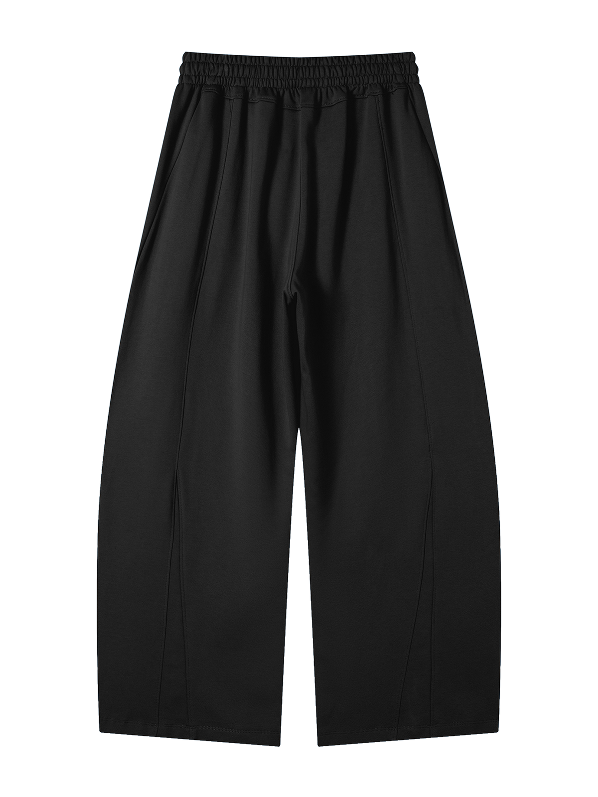 Back of the MONUMENTS structured wide-leg sweatpants in black heavyweight cotton-blend fleece.