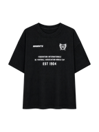 MONUMENTS 1904 World Cup oversized tee in black cotton jersey with bonded 1904 Federation front artwork, front view.