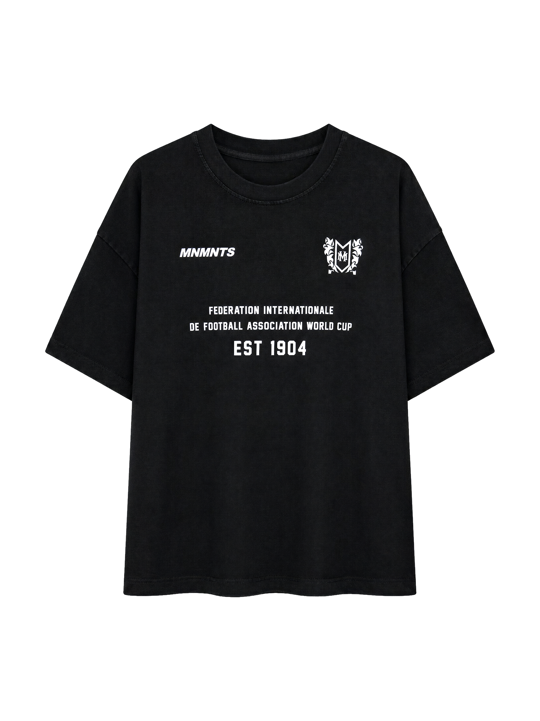MONUMENTS 1904 World Cup oversized tee in black cotton jersey with bonded 1904 Federation front artwork, front view.