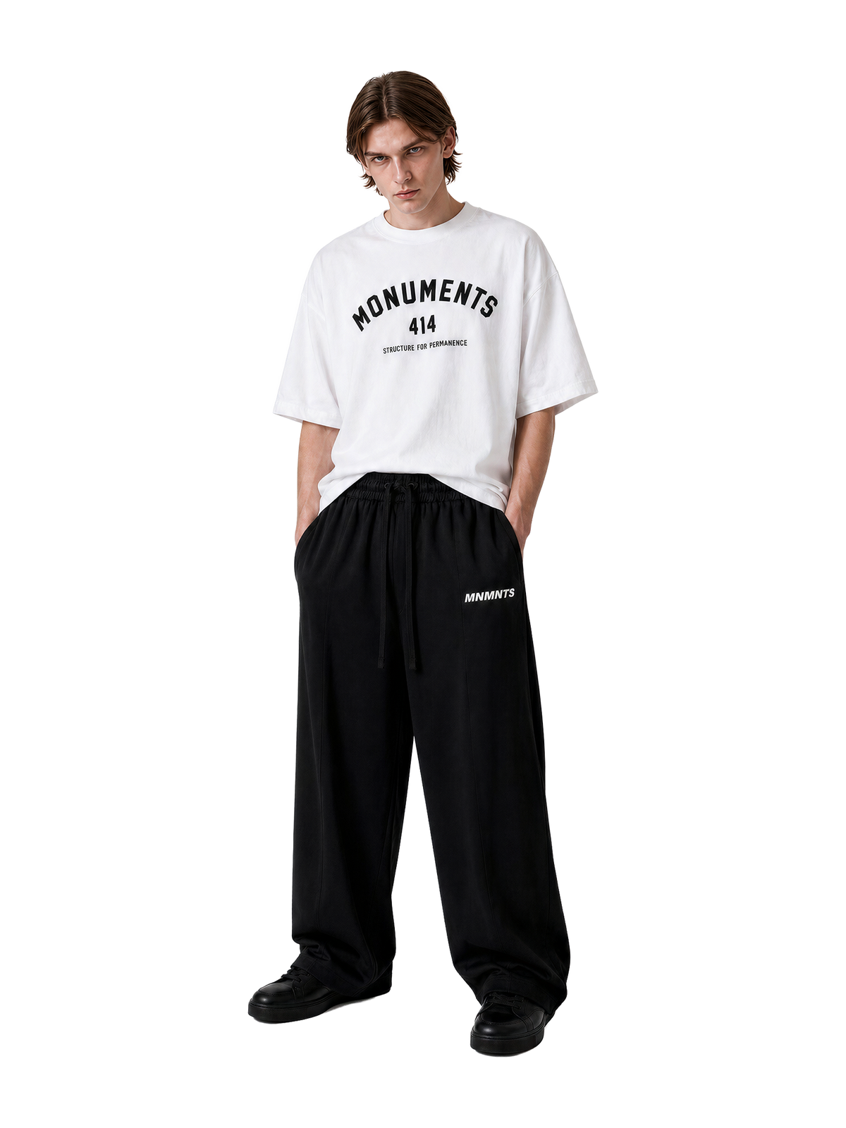 MONUMENTS 414 Structure oversized tee in white heavyweight jersey with a thick ribbed collar.