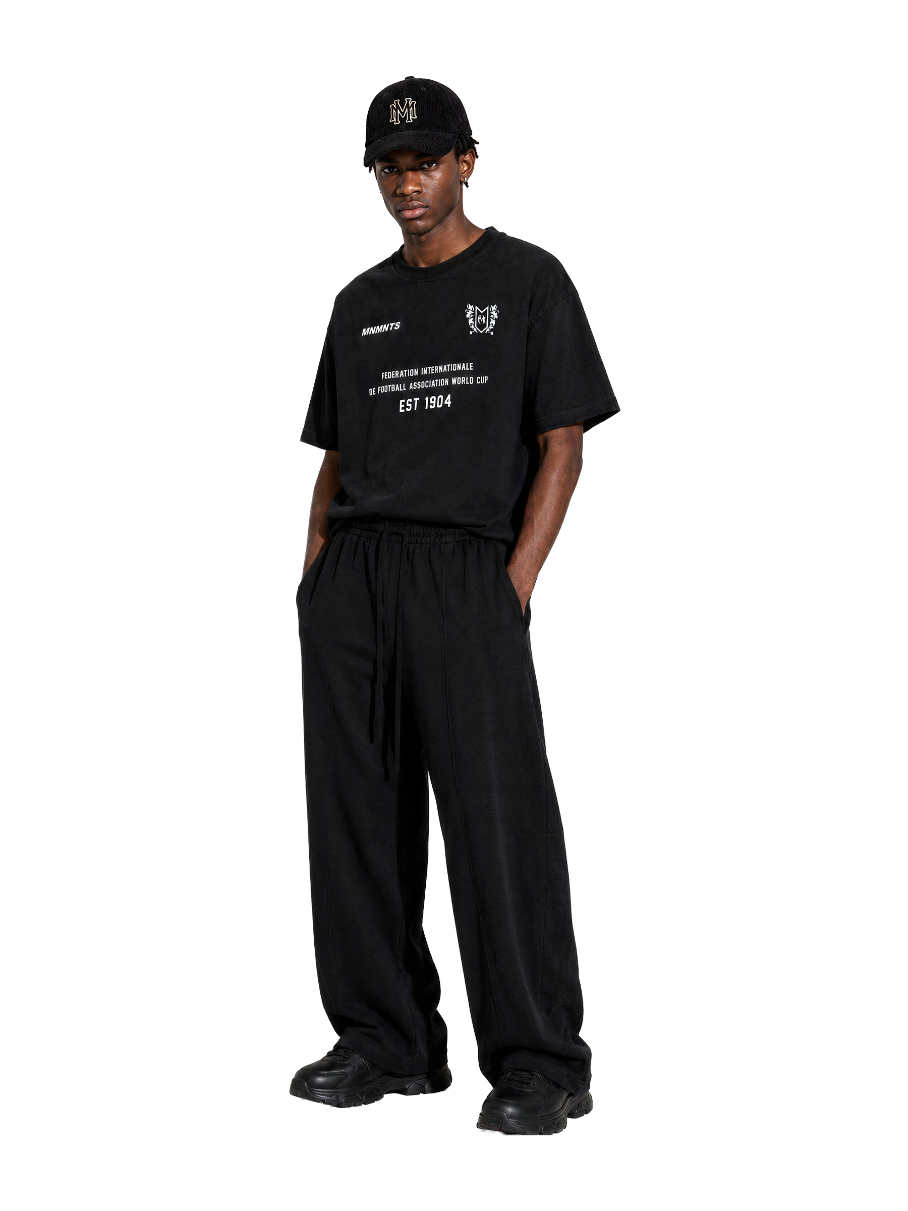 MONUMENTS 1904 World Cup oversized tee in heavyweight black jersey with a thick ribbed collar.