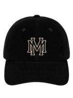 MONUMENTS MM core logo hat in black corduroy with an embroidered MM front monogram and curved visor.