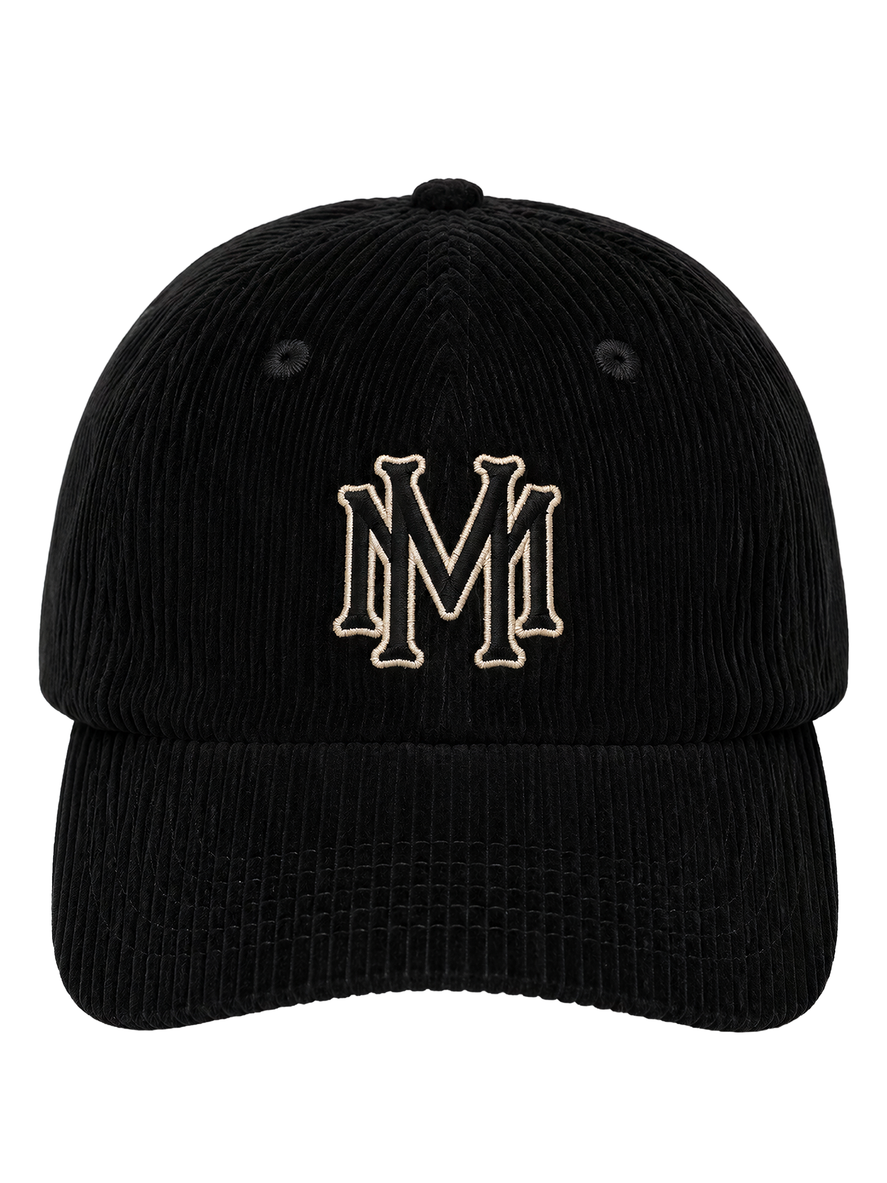 MONUMENTS MM core logo hat in black corduroy with an embroidered MM front monogram and curved visor.
