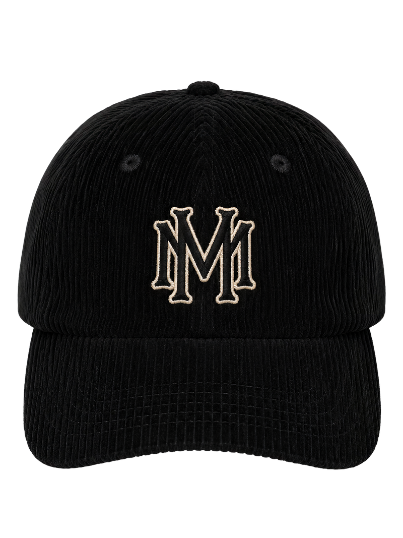 MONUMENTS MM core logo hat in black corduroy with an embroidered MM front monogram and curved visor.