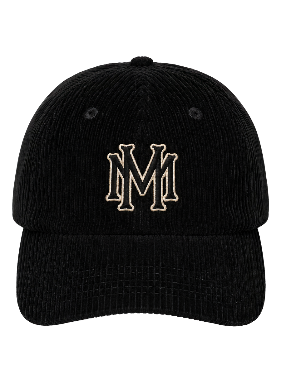MONUMENTS MM core logo hat in black corduroy with an embroidered MM front monogram and curved visor.
