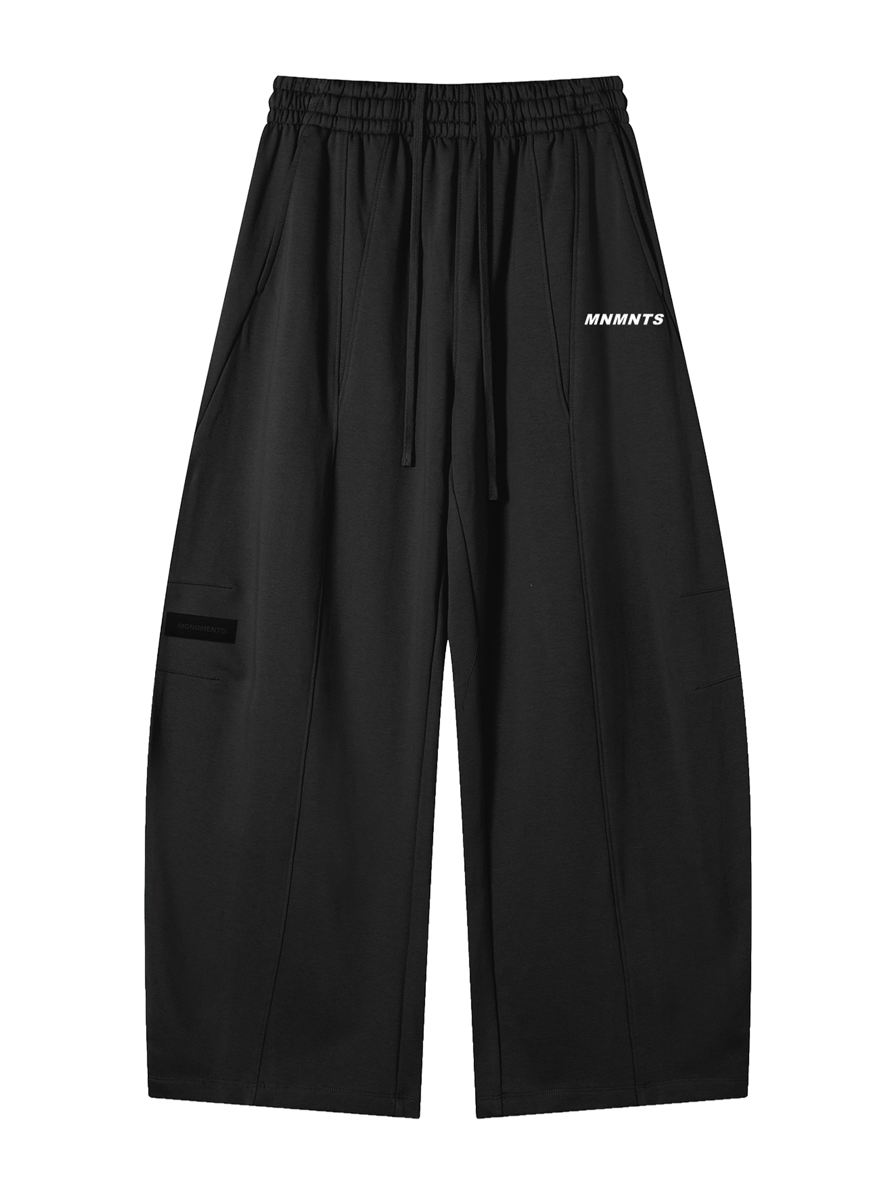 MONUMENTS structured wide-leg sweatpants in black heavyweight fleece with elastic waistband, extended drawcord and MNMNTS hip print, front view.
