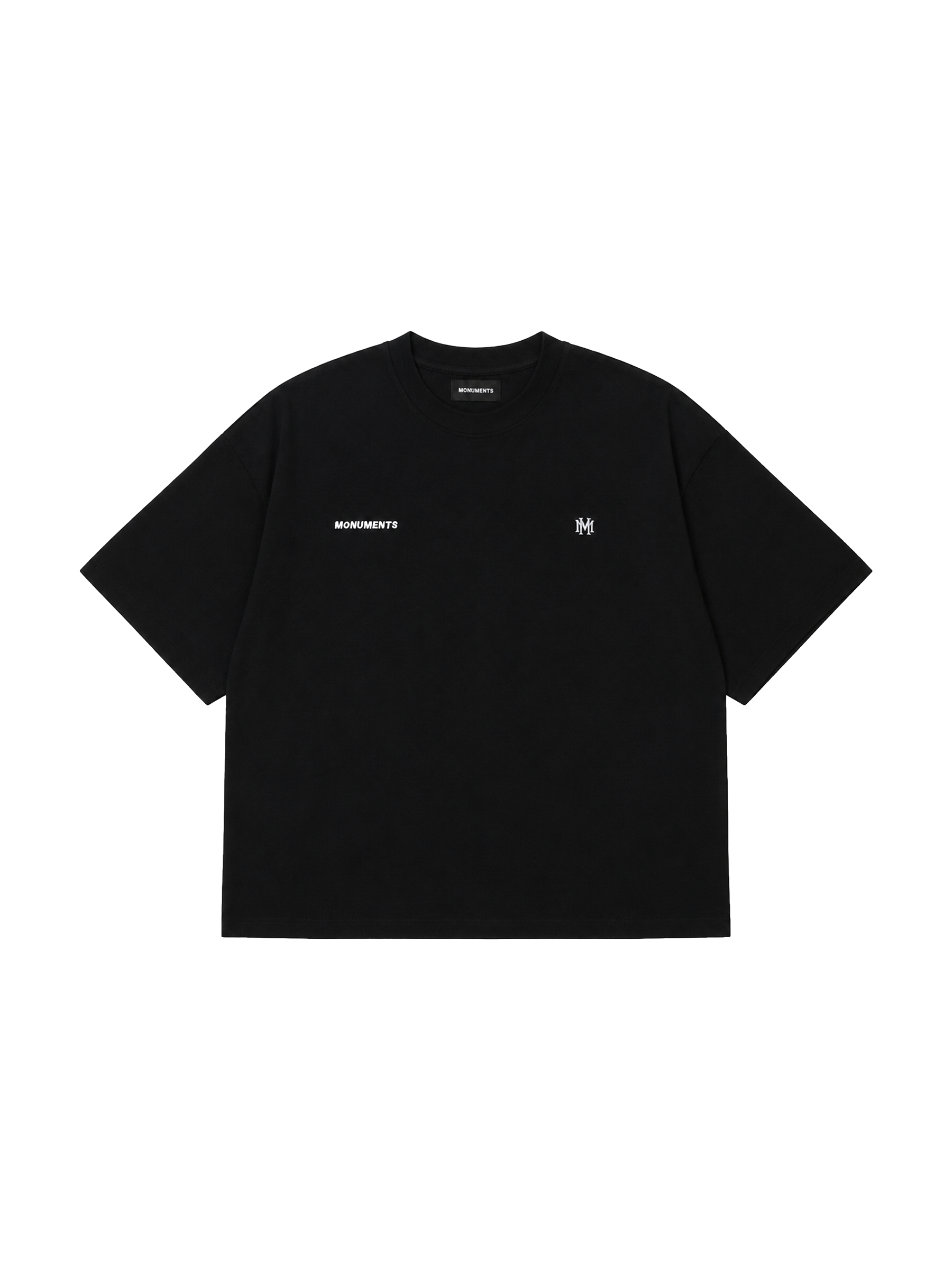 MONUMENTS MM core logo cropped boxy tee in black cotton with embroidered MM front artwork, front view.