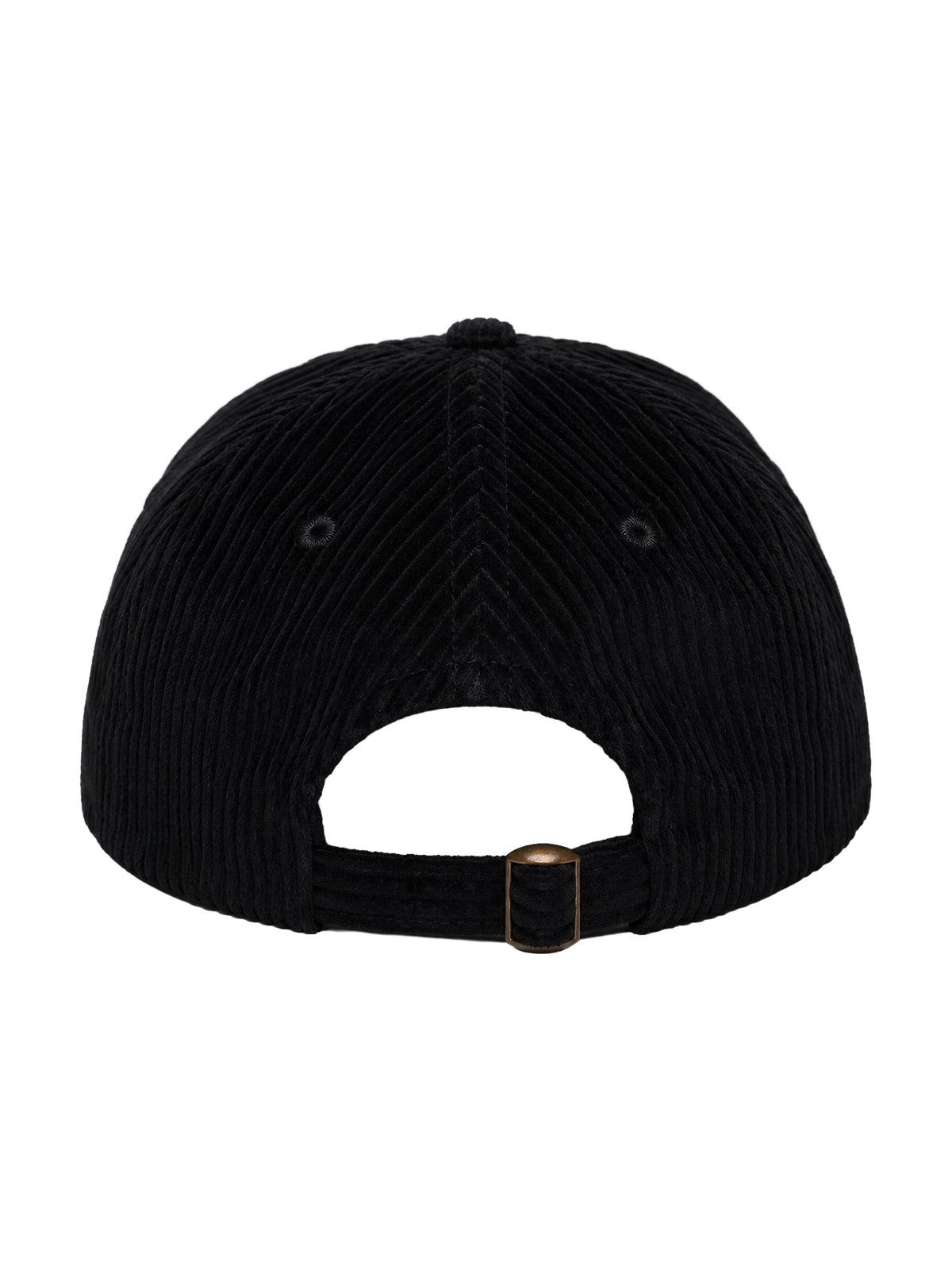 Back of the MONUMENTS black corduroy hat showing the adjustable metal closure.